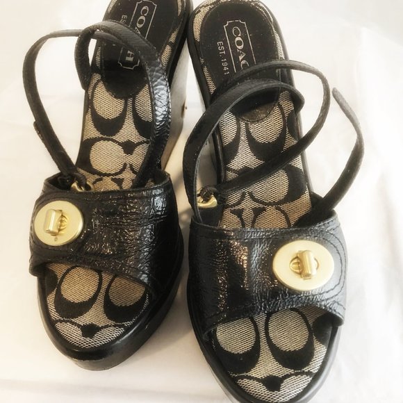 COACH LOGO MAE SOFT PATENT WEDGE SANDALS - Picture 2 of 6